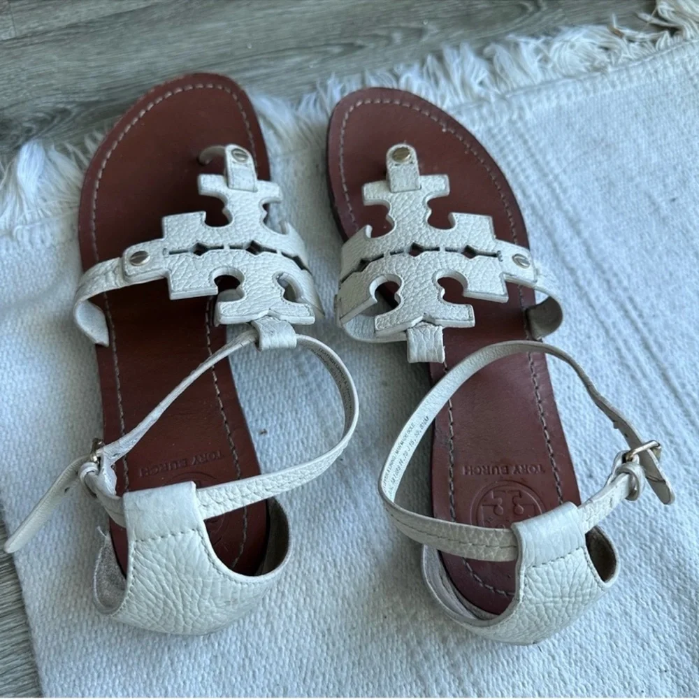 Tory Burch White Leather Phoebe Logo Sandals - Picture 3 of 6